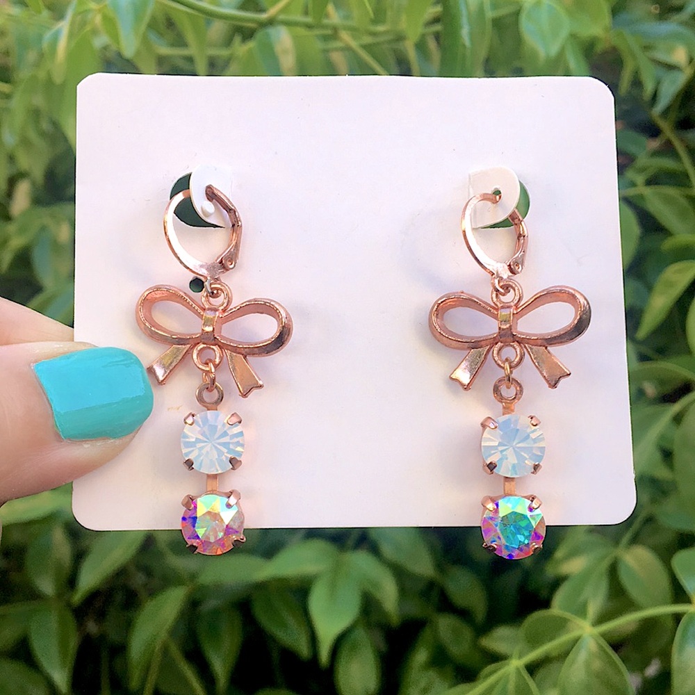 White Opal + Aurora Borealis Crystal Bow Dangle Earrings
